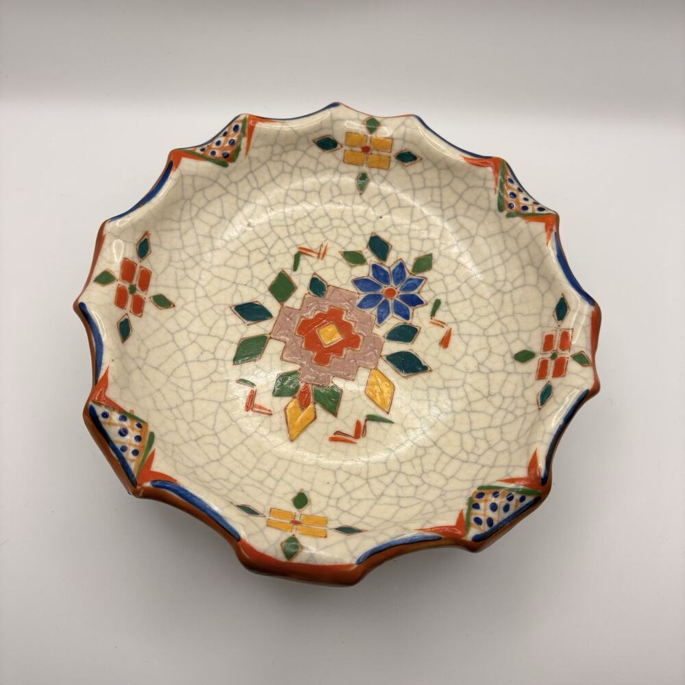 Vintage Crackle Glazed Hand Painted Tiered Dish Made In Japan Geometric Flowers